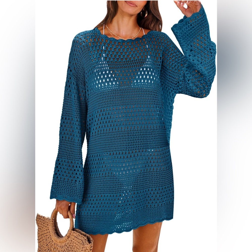 Crochet Knit Swim Cover Long Sleeve Teal - NWT